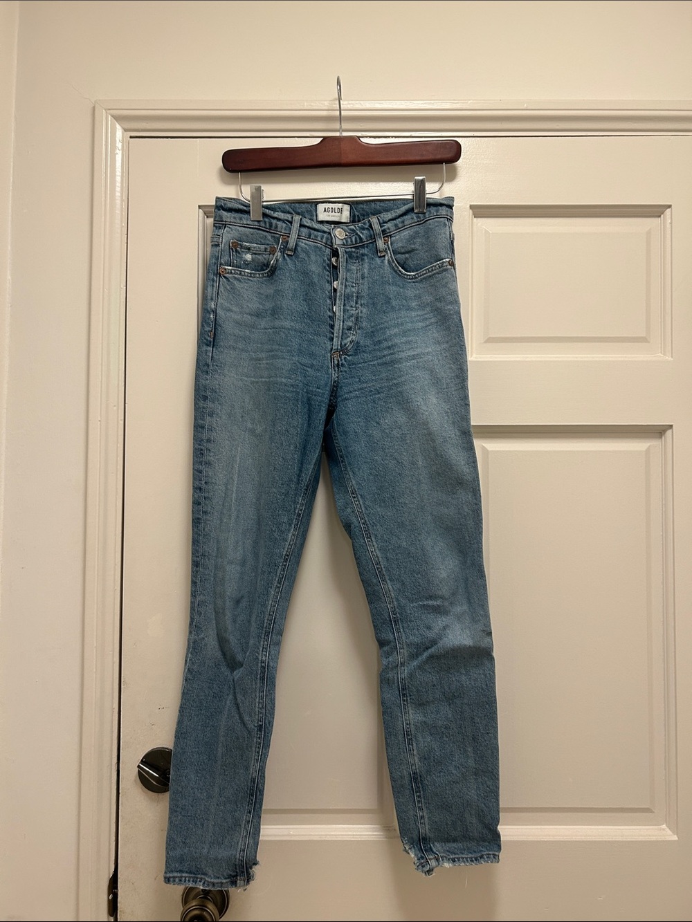 Agolde Light Blue High-Rise Straight-Leg Jeans with Raw Hem